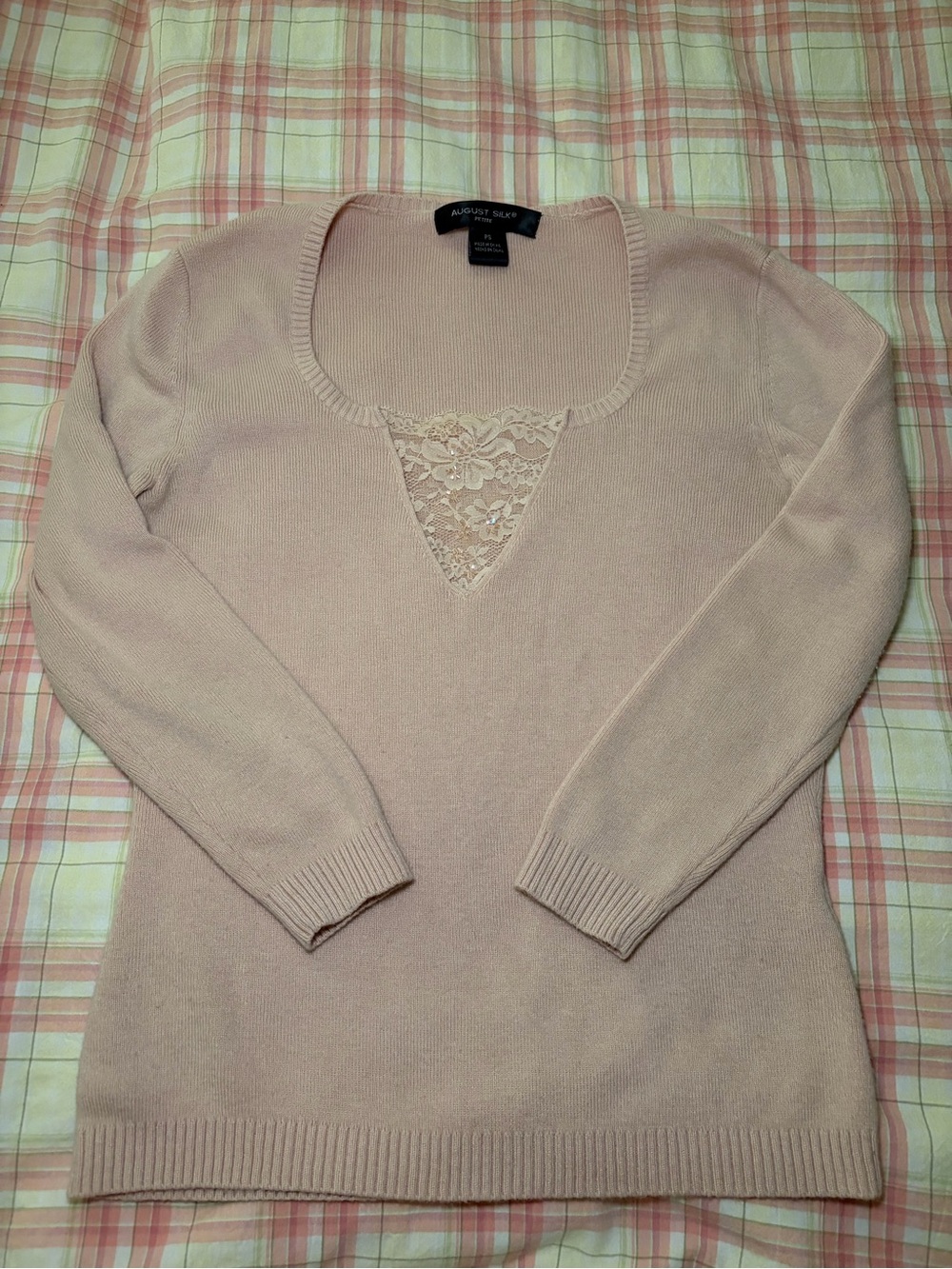 August Silk Petite Beige Sweater with Lace Detail